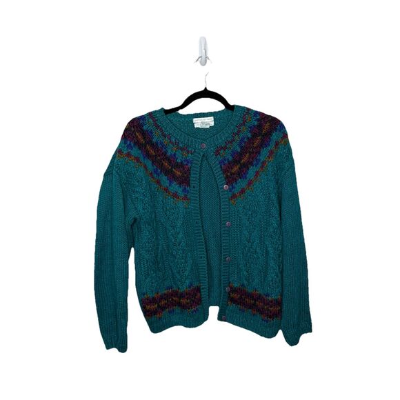 Vintage Jamie Scott Hand Knitted Cardigan Sweater Green Purple Womens Size La - Picture 1 of 6